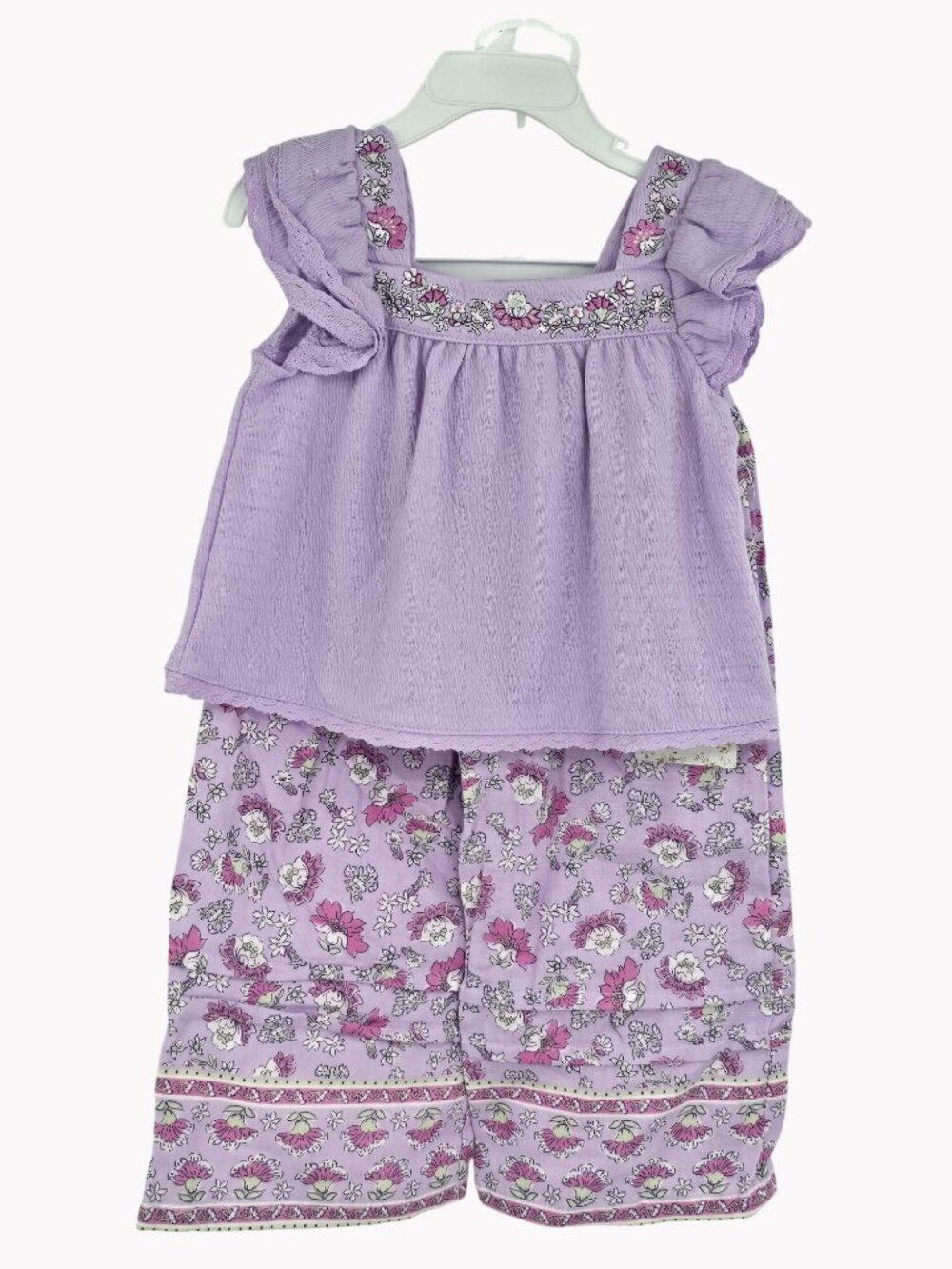 Haute Hippie Girls 3T Lilac Floral Embroidered 3-Piece Top Pants Hair Bow Set
